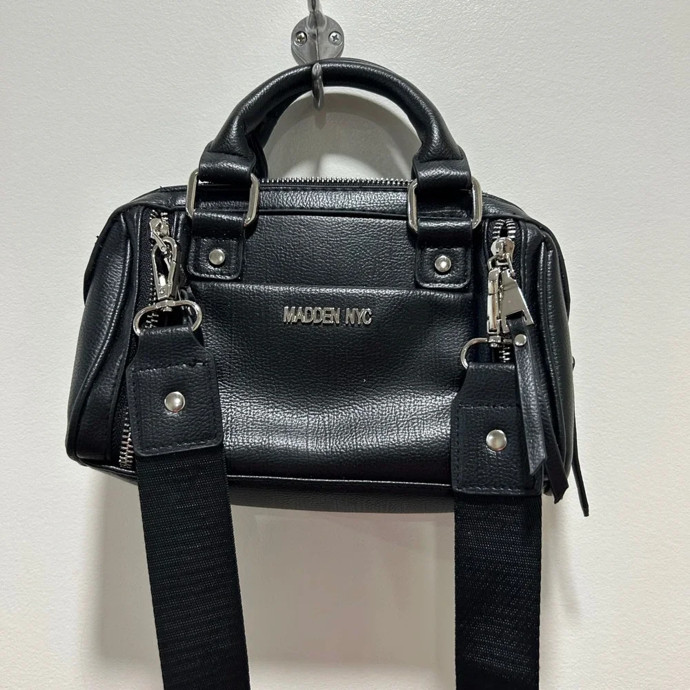 Madden NYC Black Mini Satchel Bag Top‎ Handle Crossbody Silver Hardware